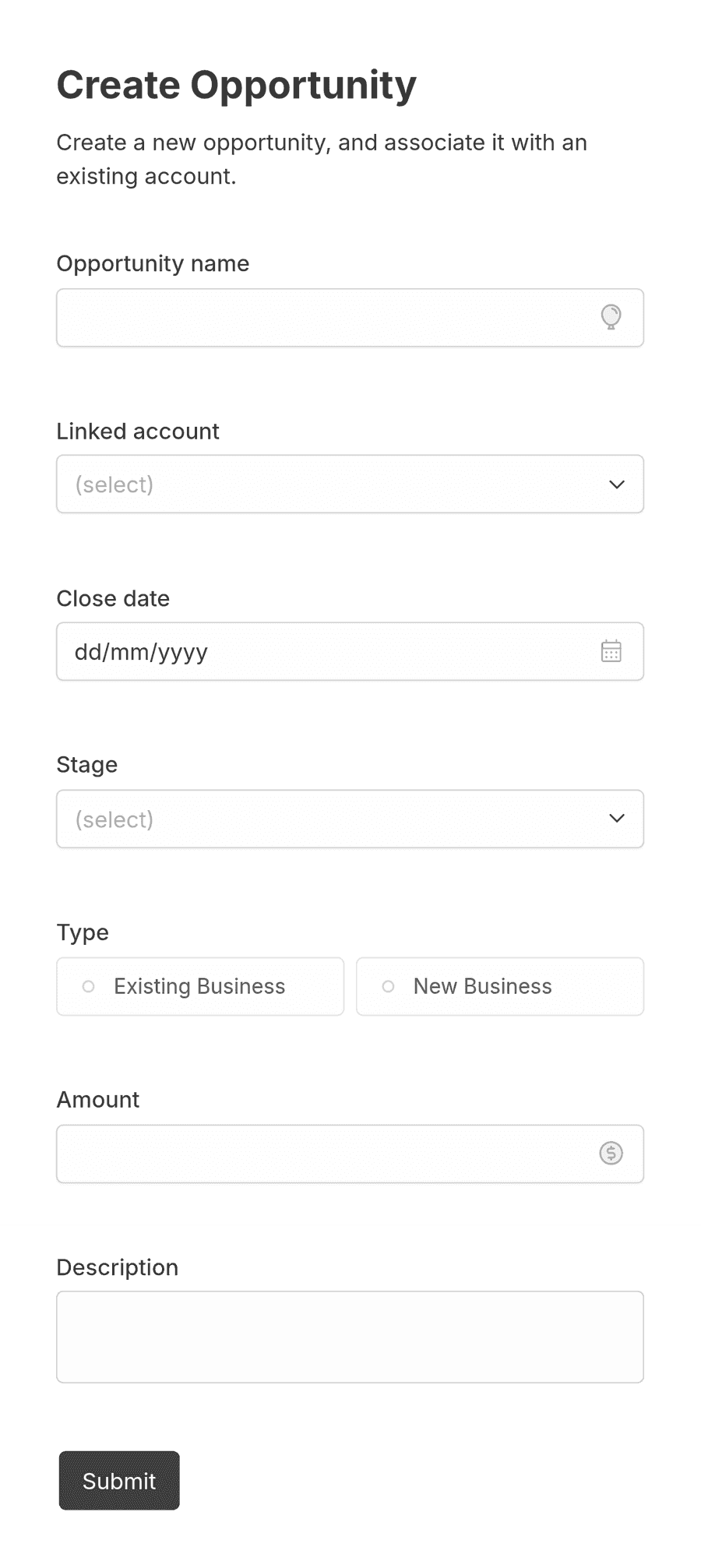 Opportunity creation form with input fields and a submit button