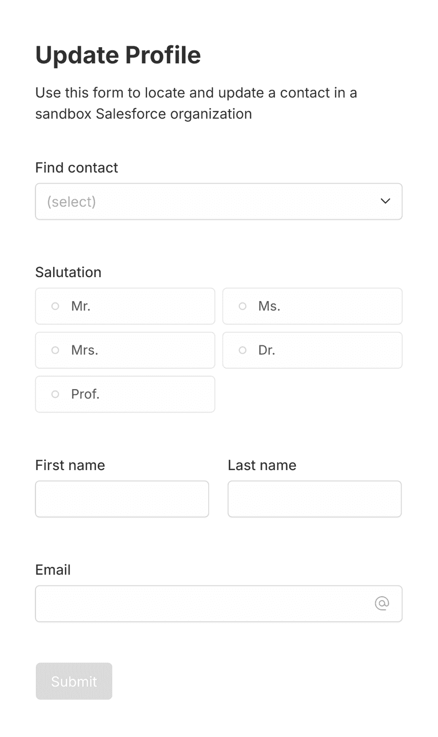 'Salesforce update profile form' form with various input fields and a submit button