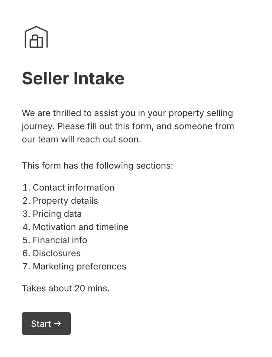 Welcome step of 'Seller intake form' with an illustration, introduction text, and a 'Start' button