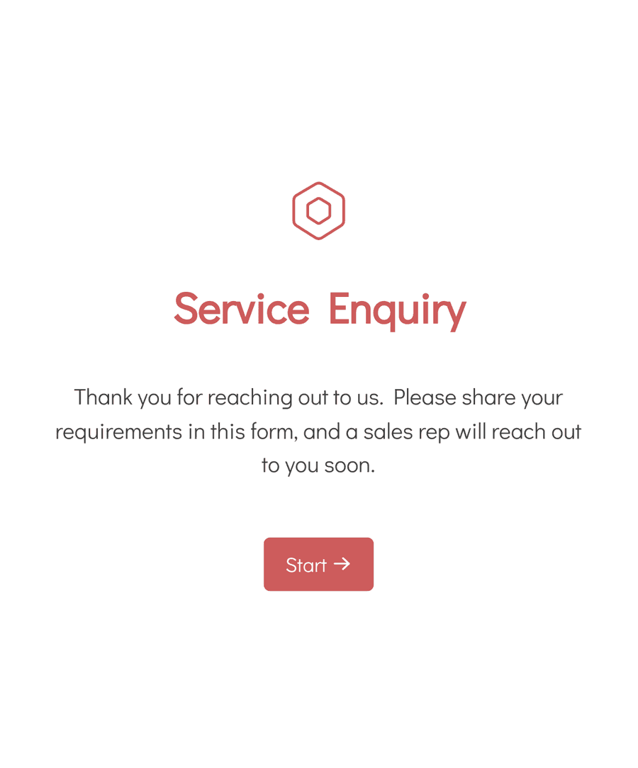 Welcome step of 'Service enquiry form' with an illustration, introduction text, and a 'Start' button