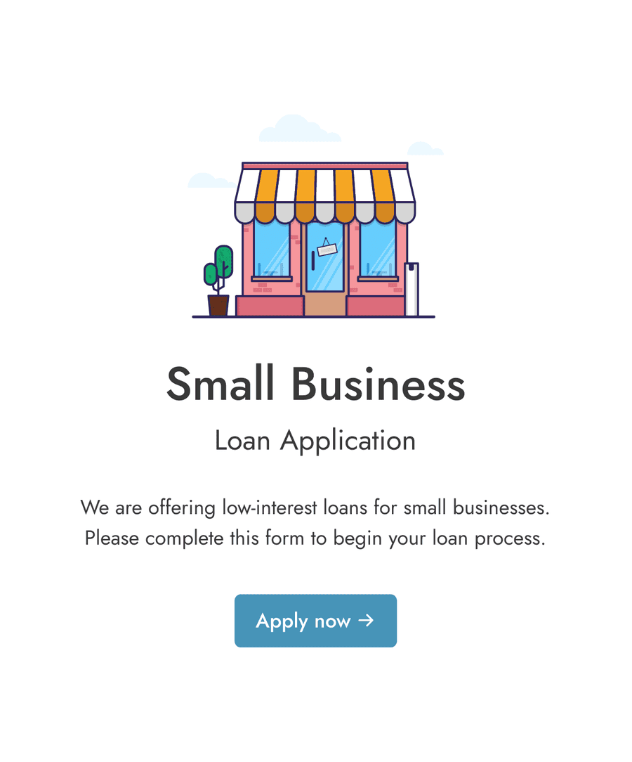 Welcome page of a loan application form with an illustration of a shop, welcome text, and an 