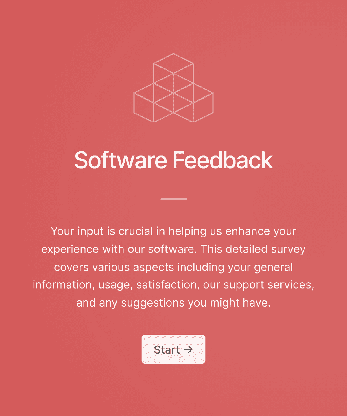 Welcome step of 'Software feedback survey' with an illustration, introduction text, and a 'Start' button