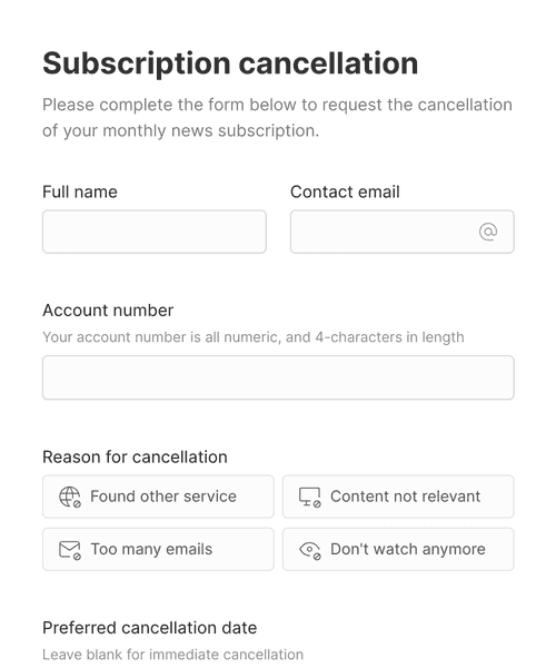 Thumbnail of a subscription cancellation request form form template