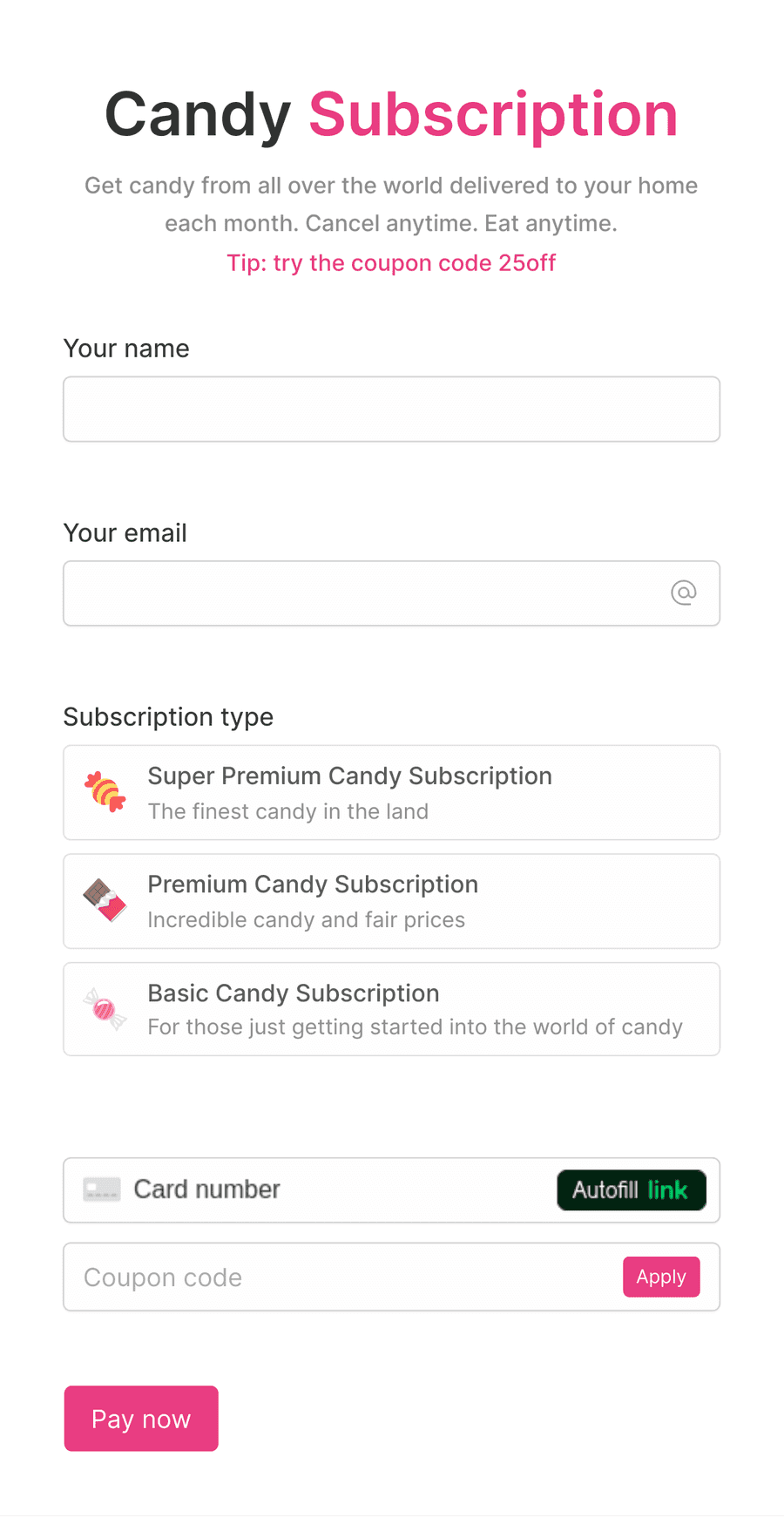 'Subscription form' form with various input fields and a submit button