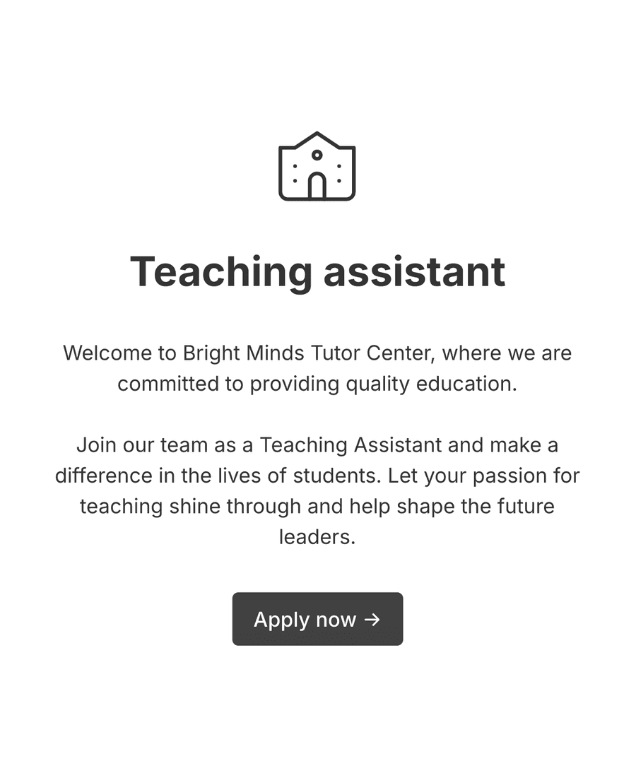 Welcome step of 'Teaching assistant application' with an illustration, introduction text, and a 'Apply now' button