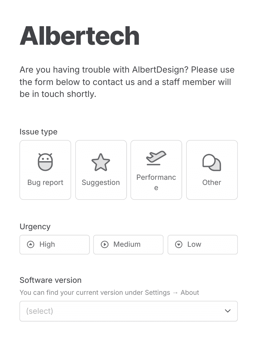 'Technical support request form' form with various input fields and a submit button