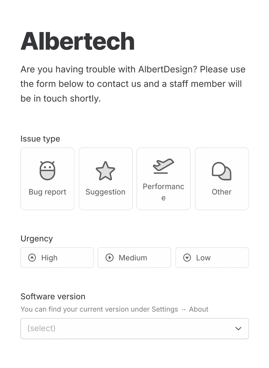 'Technical support request form' form with various input fields and a submit button