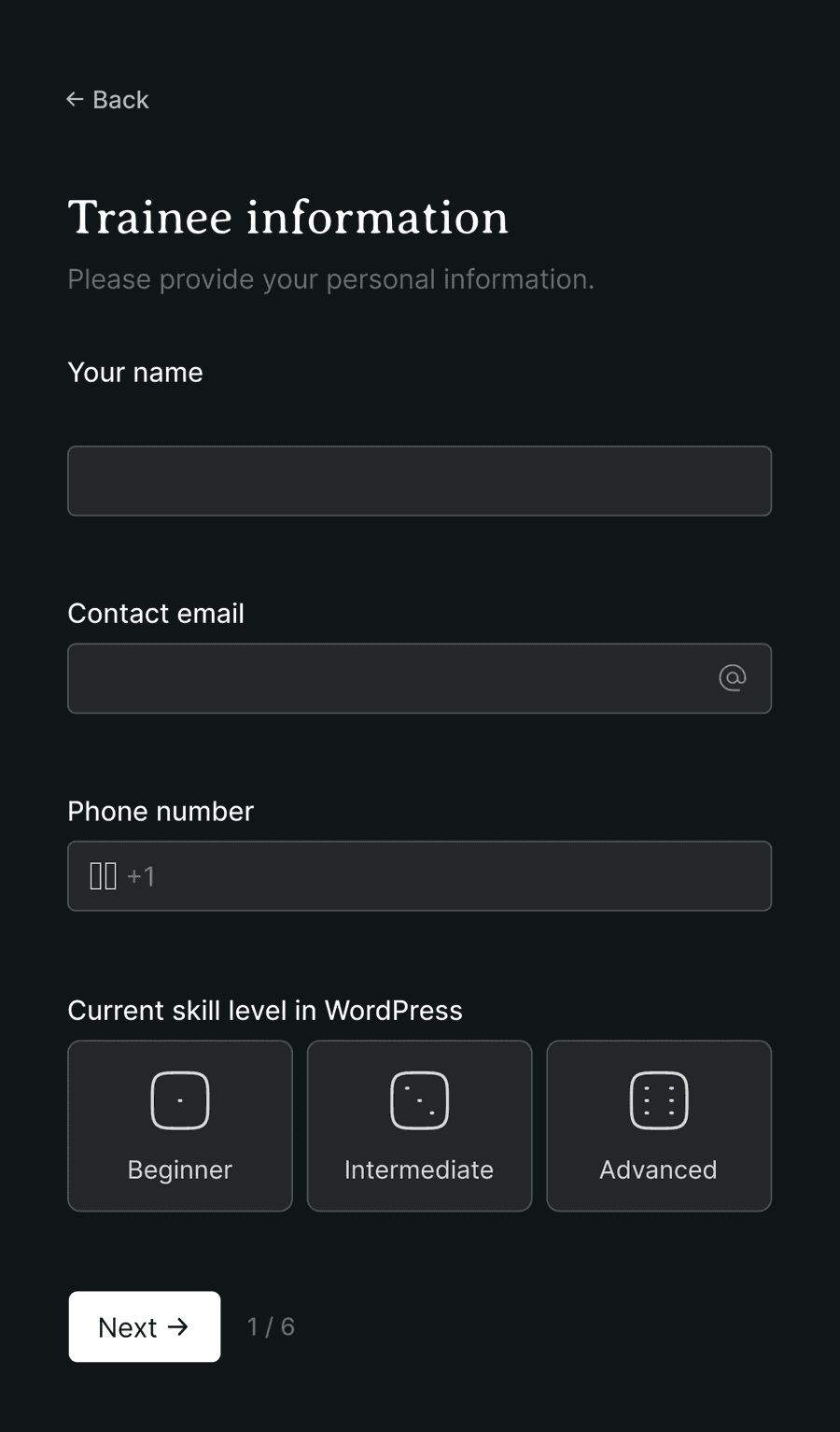 'Trainee information' step of 'Training feedback form' with form inputs and a next button