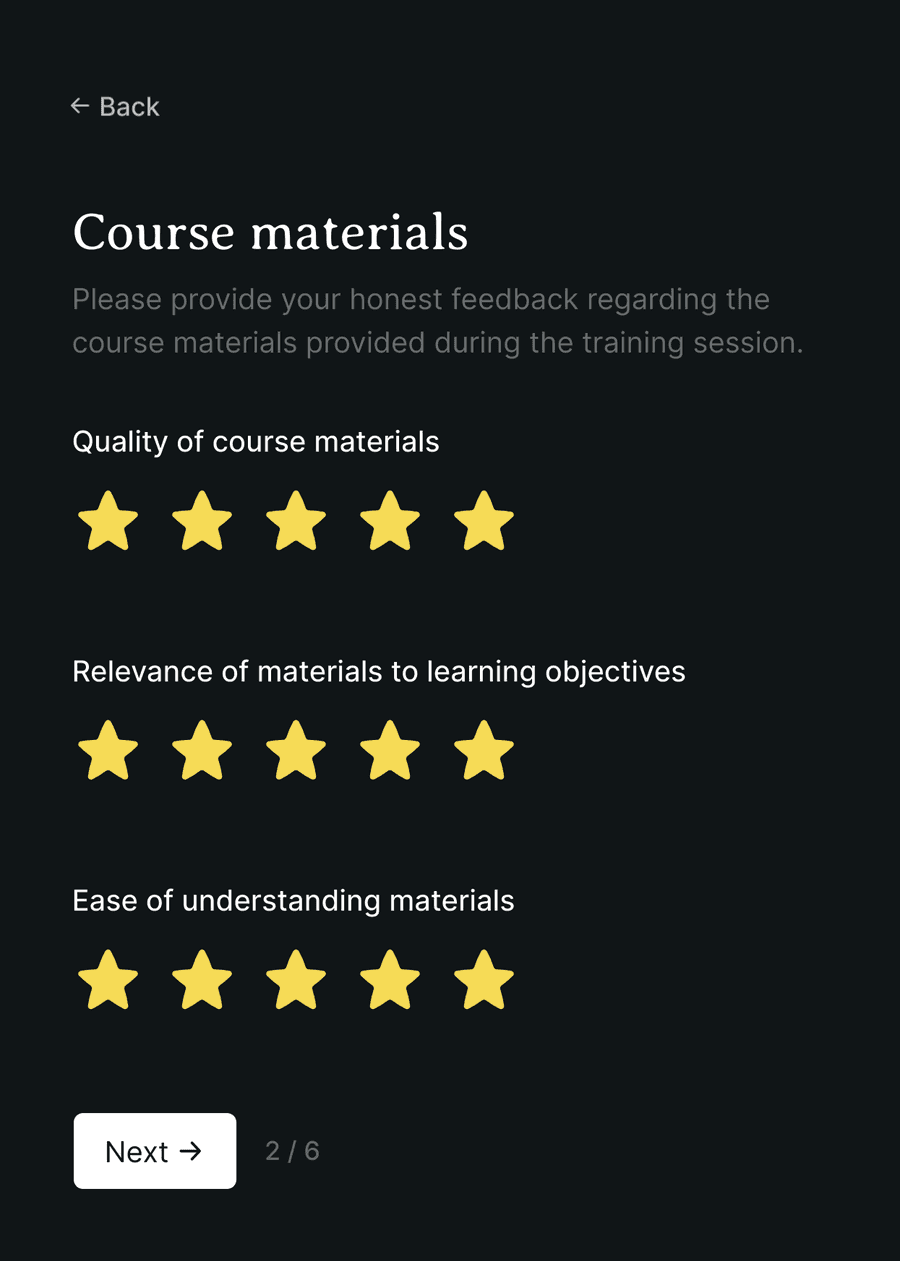 'Course materials' step of 'Training feedback form' with form inputs and a next button