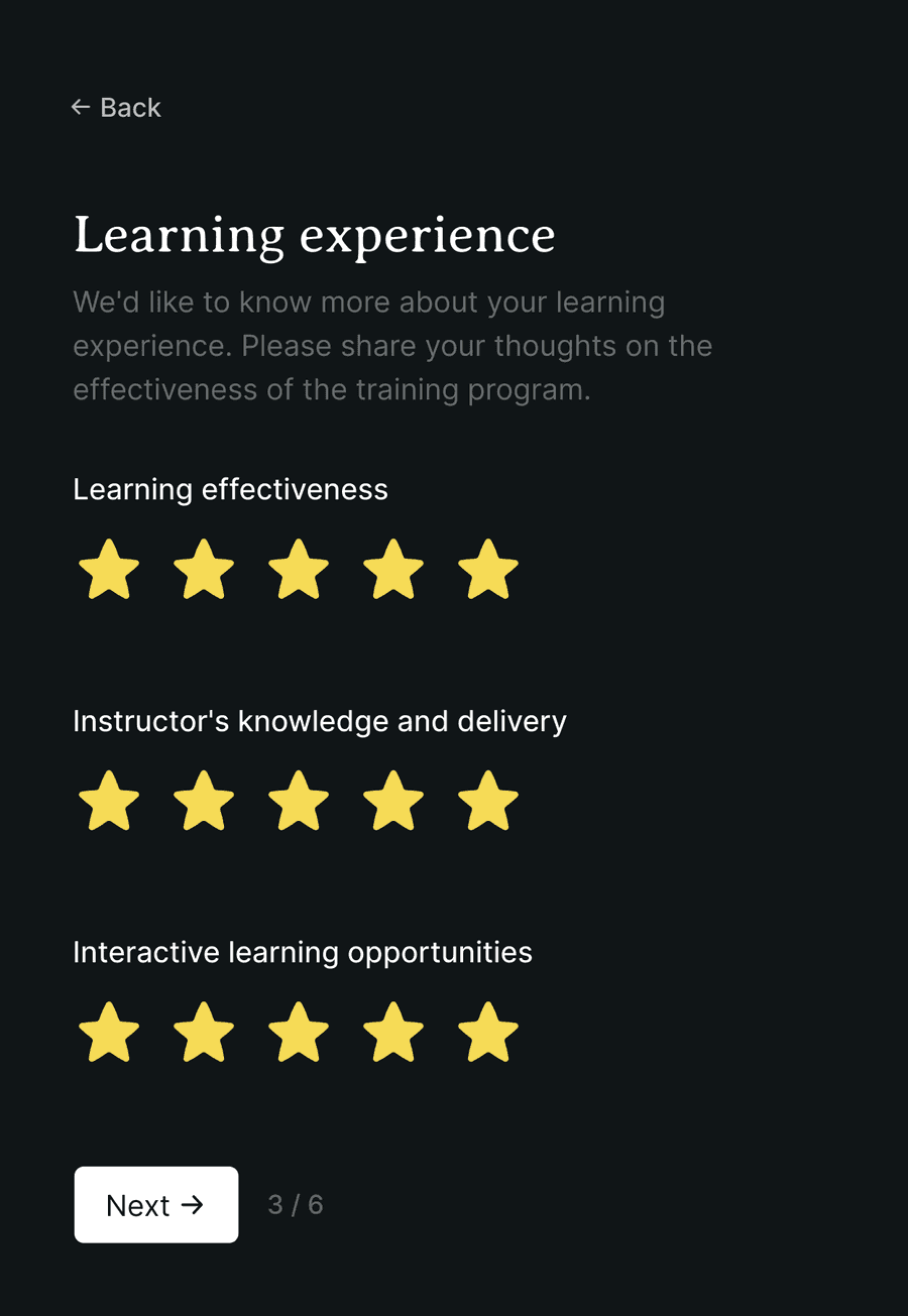 'Learning experience' step of 'Training feedback form' with form inputs and a next button