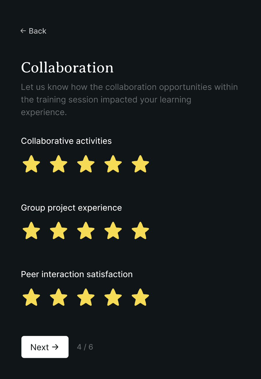 'Collaboration' step of 'Training feedback form' with form inputs and a next button