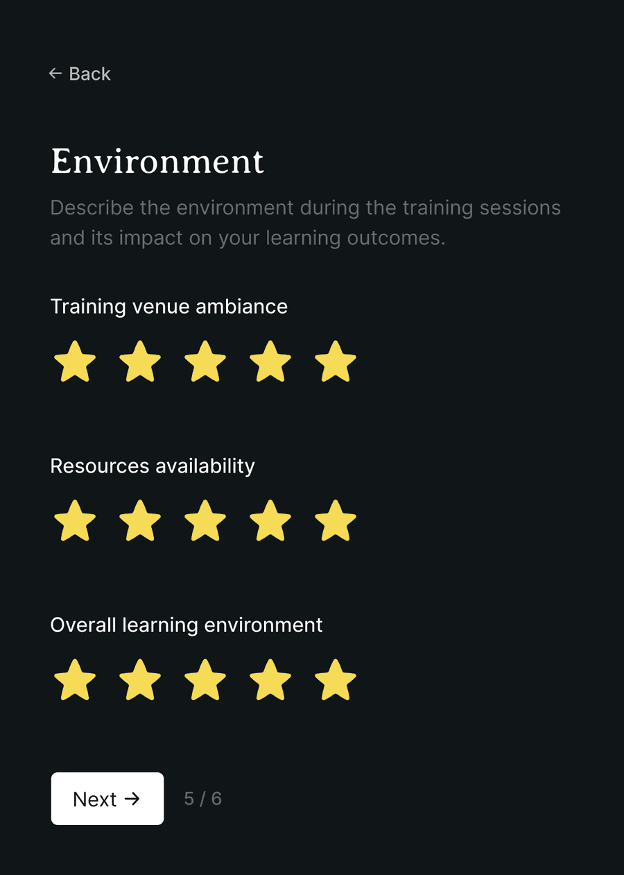 'Environment' step of 'Training feedback form' with form inputs and a next button