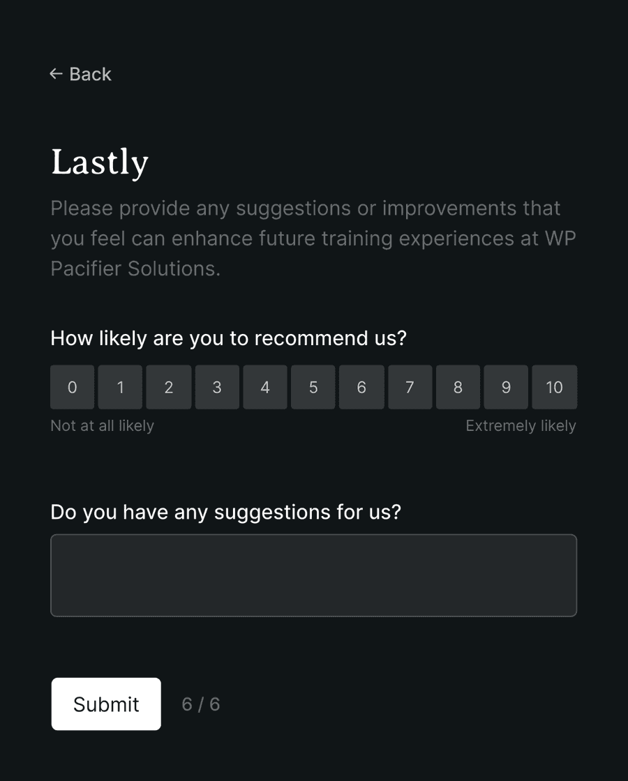 'Suggestions' step of 'Training feedback form' with form inputs and a submit button