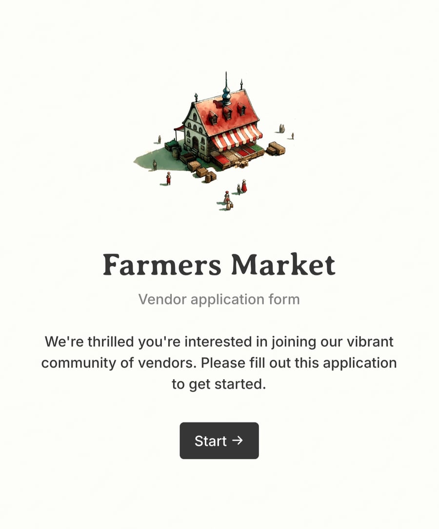 Welcome page of a vendor application form with an illustration and a start button