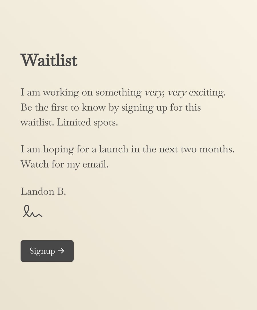 Welcome step of 'Waitlist signup form' with an illustration, introduction text, and a 'Signup' button