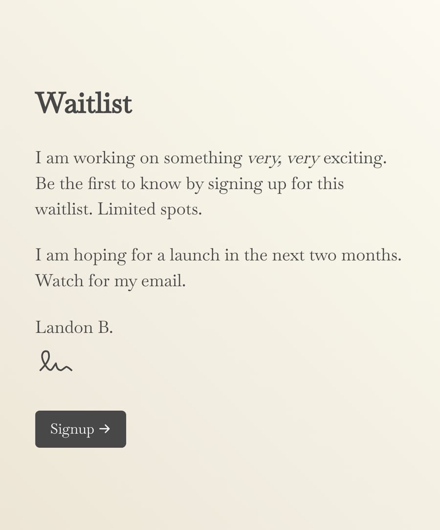 Welcome step of 'Waitlist signup form' with an illustration, introduction text, and a 'Signup' button