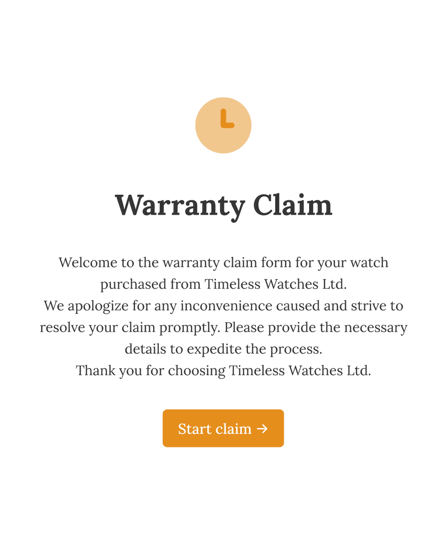 Welcome step of 'Warranty claim form' with an illustration, introduction text, and a 'Start claim' button