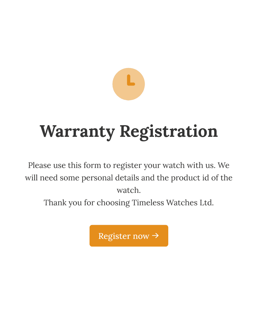 Welcome step of 'Warranty registration' with an illustration, introduction text, and a 'Register now' button