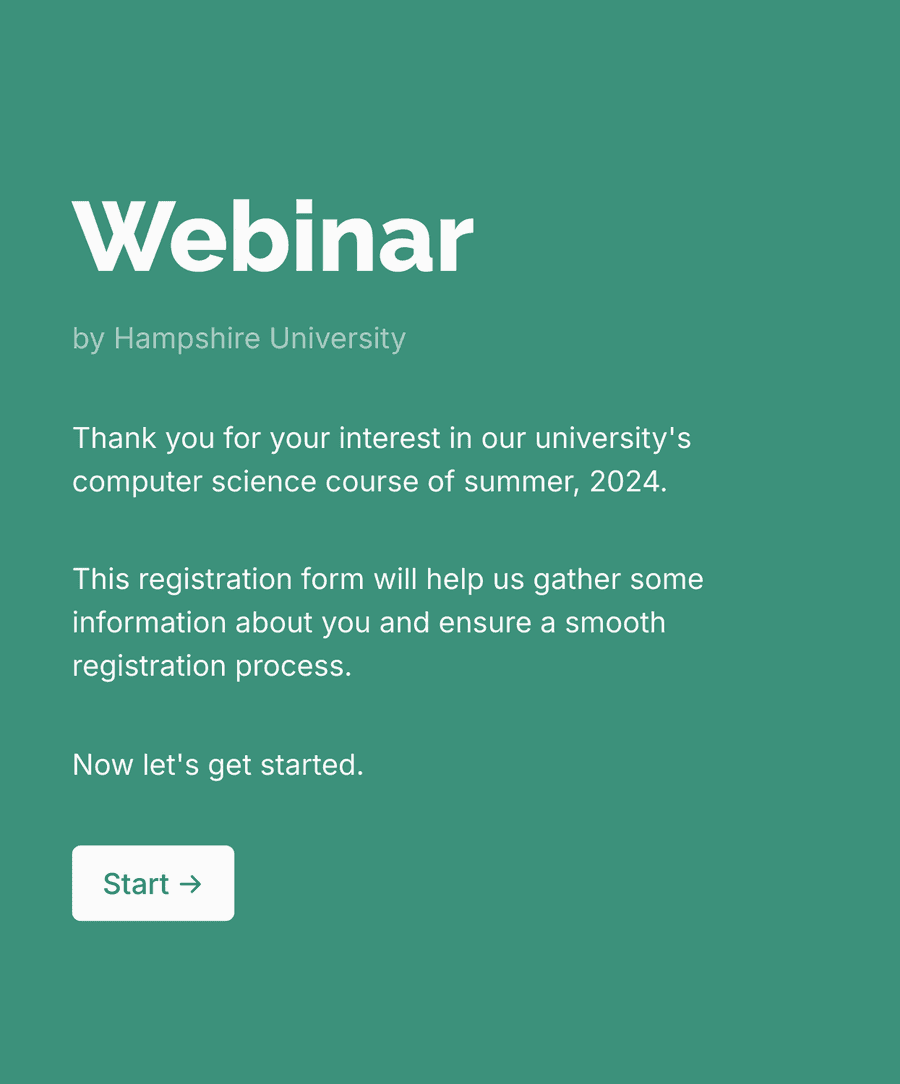 Welcome step of 'Webinar registration form' with introduction text, and a 'Start' button