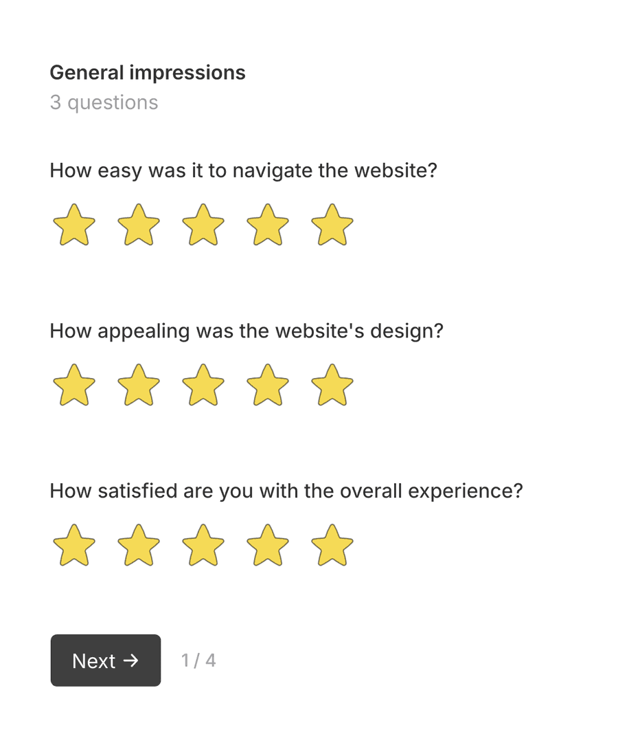 Welcome step of 'Website usability survey' with introduction text, and a 'Start' button