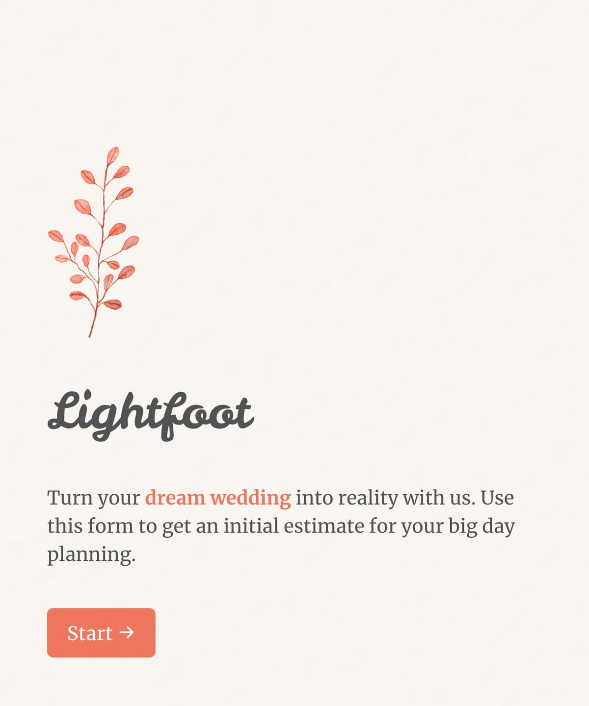 Welcome step of 'Wedding planning cost estimation form' with an image, introduction text, and a 'Start' button