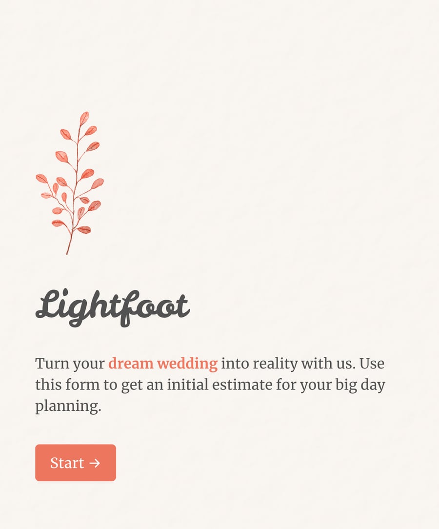 Welcome step of 'Wedding planning cost estimation form' with an image, introduction text, and a 'Start' button