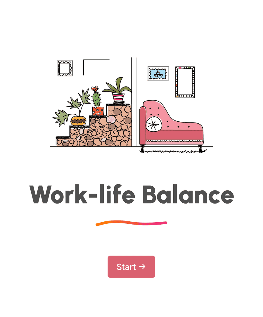 Welcome step of 'Work-life balance survey' with an image, introduction text, and a 'Start' button